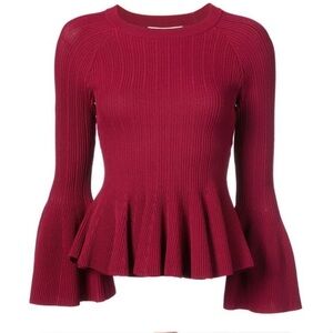 Jonathan Simkhai Ribbed Knit Peplum Dramatic Flattering Bell Sleeve Holidays L